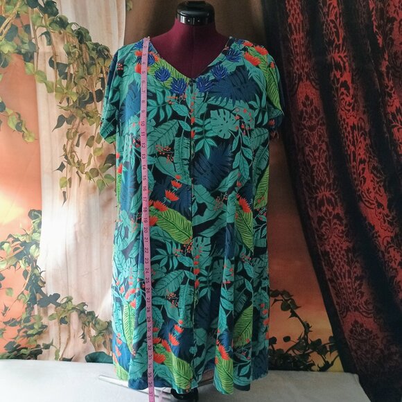 EUC: Go Softly Patio Sz XL Green Tropical Floral Embroidered House Dress Pockets - Picture 6 of 7